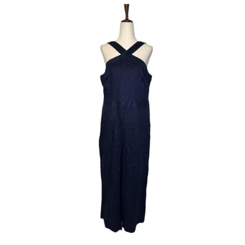 Linen Cross Over Jumpsuit 10 Petite Navy Blue Wide Leg - Picture 2 of 8